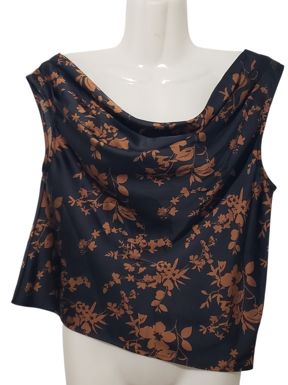 A NEW DAY Black Brown Floral Satin-like Cowl Neck Tank Blouse | Small